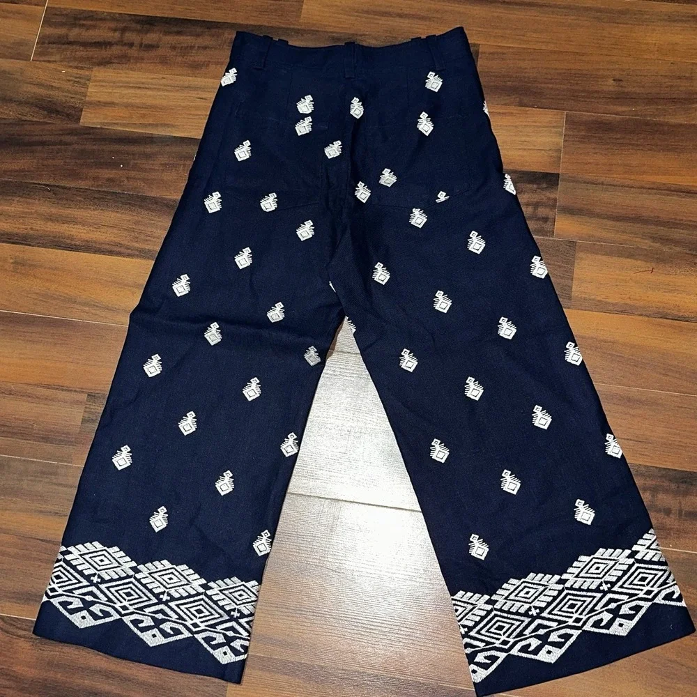 ZARA NAVY FLOWING HIGH WAIST LINEN TROUSERS WIDE LEG EMBROIDERED CULOTTES PANT S